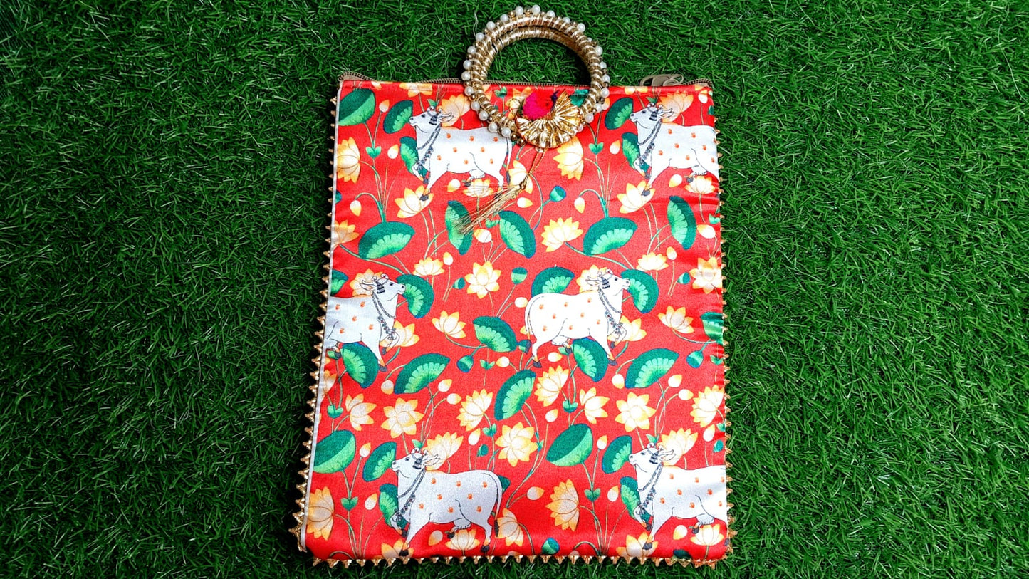 Elegant Red Lotus Cow Motif Handcrafted Pooja Bag | Festive & Spiritual Gift - 30x22 cm