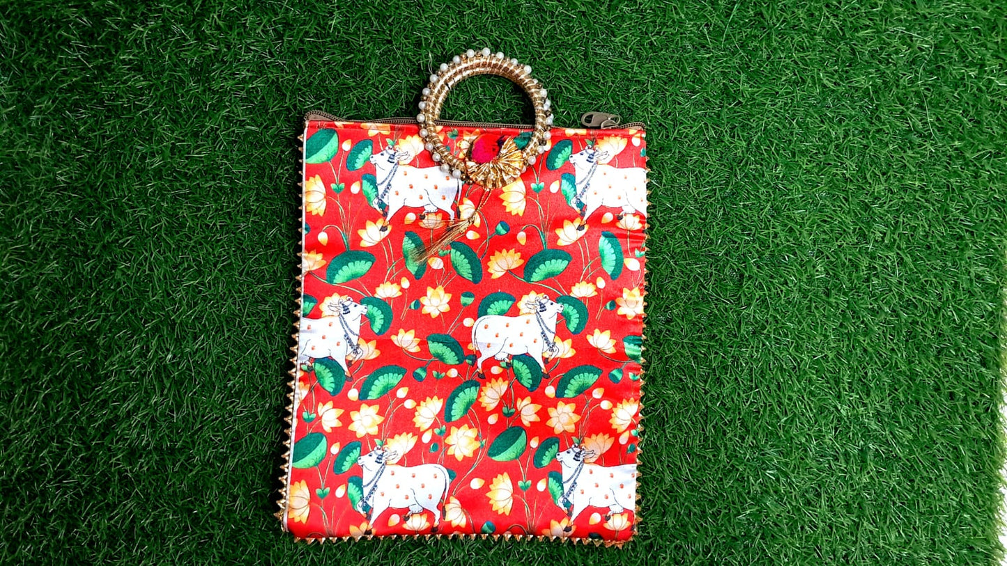 Elegant Red Lotus Cow Motif Handcrafted Pooja Bag | Festive & Spiritual Gift - 30x22 cm