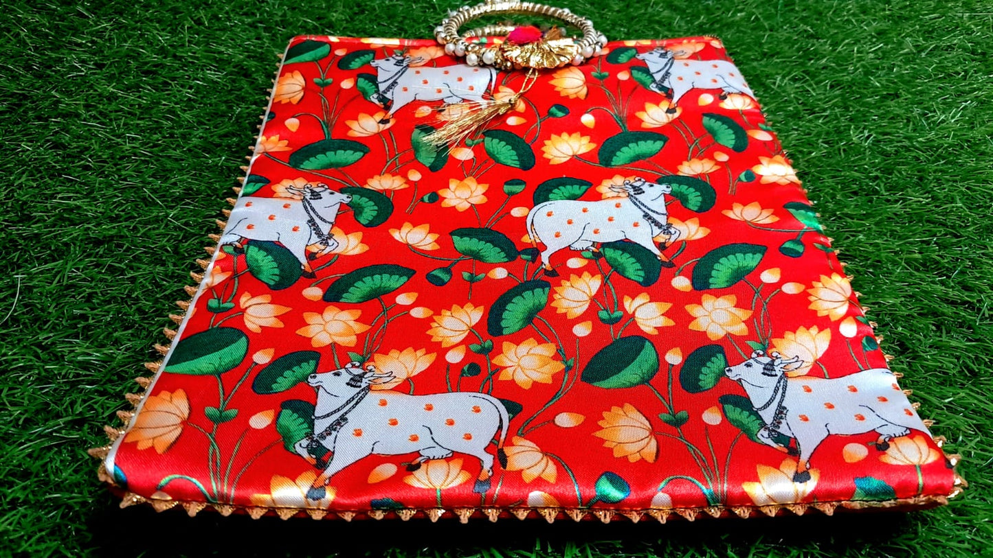 Elegant Red Lotus Cow Motif Handcrafted Pooja Bag | Festive & Spiritual Gift - 30x22 cm