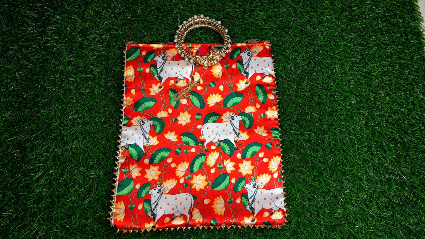 Elegant Red Lotus Cow Motif Handcrafted Pooja Bag | Festive & Spiritual Gift - 30x22 cm