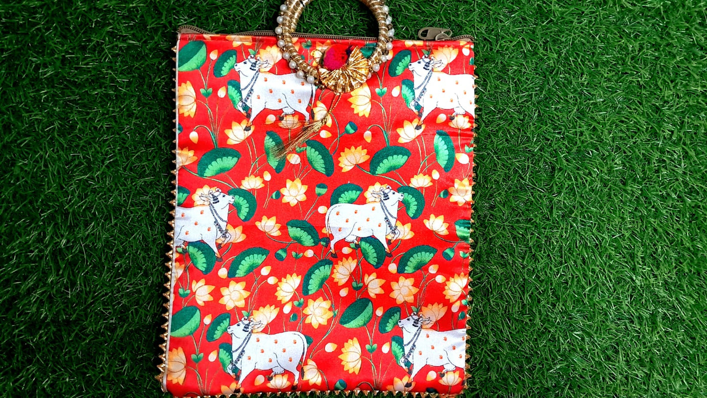 Elegant Red Lotus Cow Motif Handcrafted Pooja Bag | Festive & Spiritual Gift - 30x22 cm