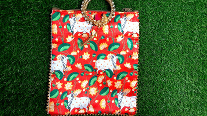 Elegant Red Lotus Cow Motif Handcrafted Pooja Bag | Festive & Spiritual Gift - 30x22 cm