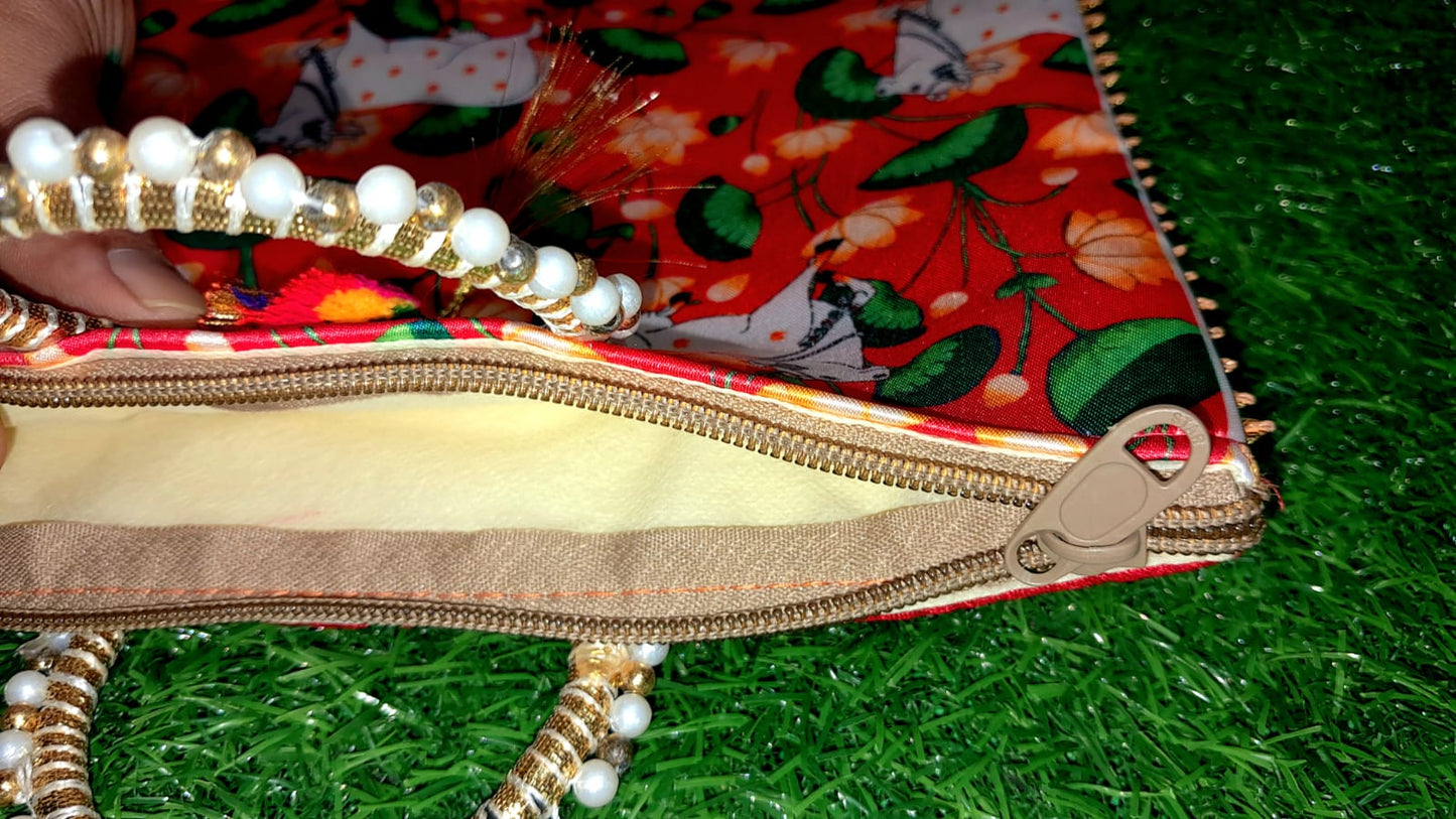 Elegant Red Lotus Cow Motif Handcrafted Pooja Bag | Festive & Spiritual Gift - 30x22 cm