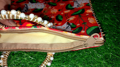 Elegant Red Lotus Cow Motif Handcrafted Pooja Bag | Festive & Spiritual Gift - 30x22 cm