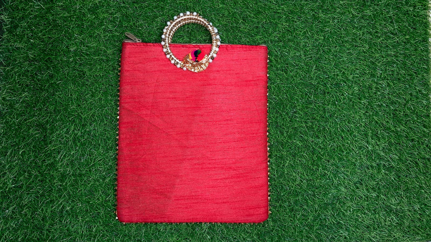 Elegant Red Lotus Cow Motif Handcrafted Pooja Bag | Festive & Spiritual Gift - 30x22 cm