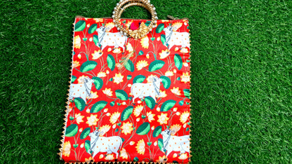 Elegant Red Lotus Cow Motif Handcrafted Pooja Bag | Festive & Spiritual Gift - 30x22 cm