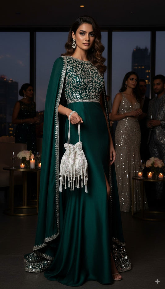 Woman in a green evening gown with a beaded top and long train, standing in a formal setting.