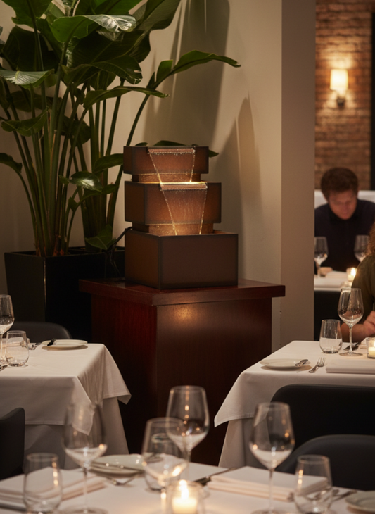 Dining area with tables set for meals, plants, and a couple in the background.