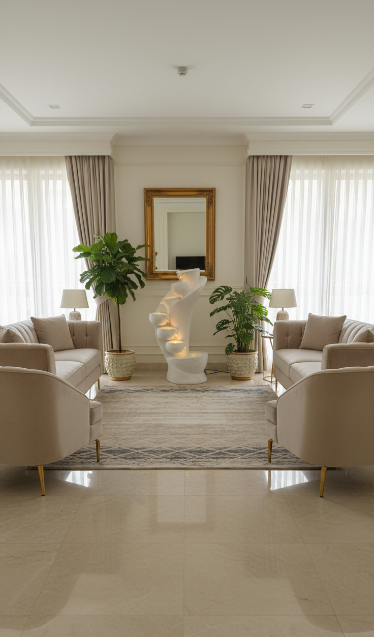Modern living room with beige sofas, a coffee table, and decorative elements.
