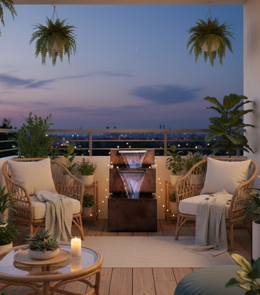 Cozy outdoor patio with furniture, plants, and a fire pit at dusk.
