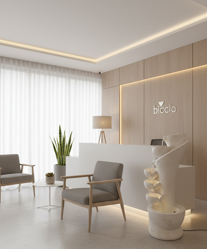 Modern interior design of a waiting room with 'bicclo' branding.