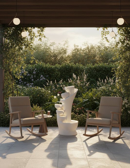 Two rocking chairs on a patio with a decorative white sculpture in the center, surrounded by greenery.
