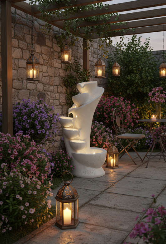 Outdoor garden setting with a decorative water feature, lanterns, and flowers.