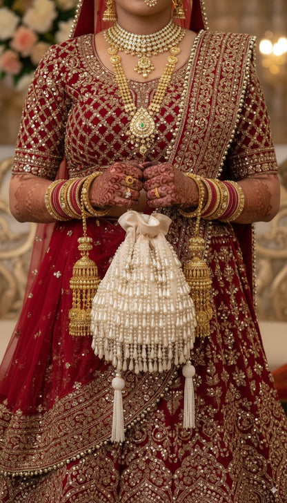 Traditional Indian bridal outfit with intricate jewelry and a white potli bag.