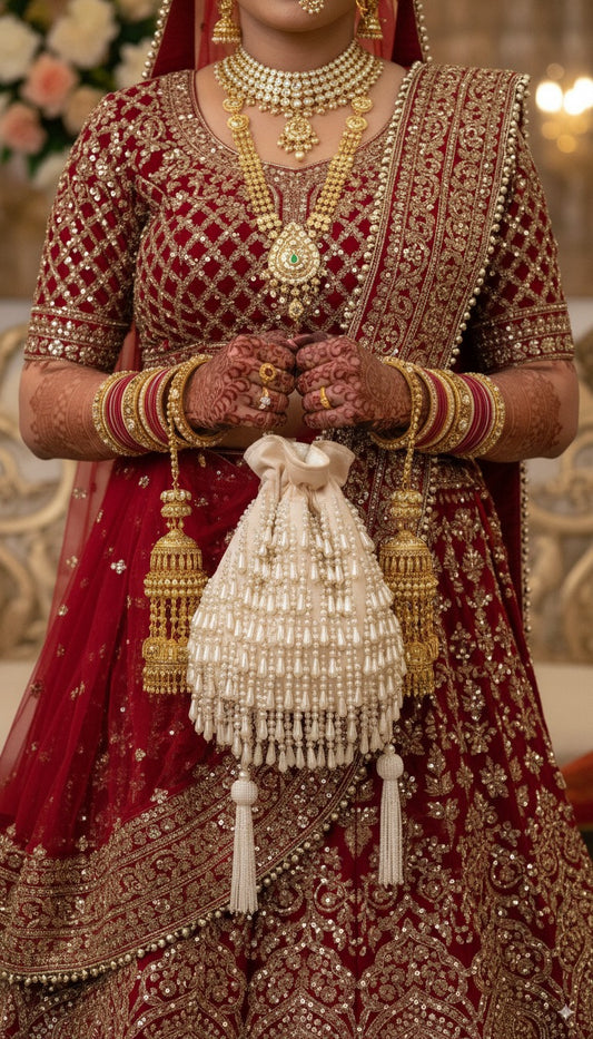 Traditional Indian bridal outfit with intricate jewelry and a white potli bag.