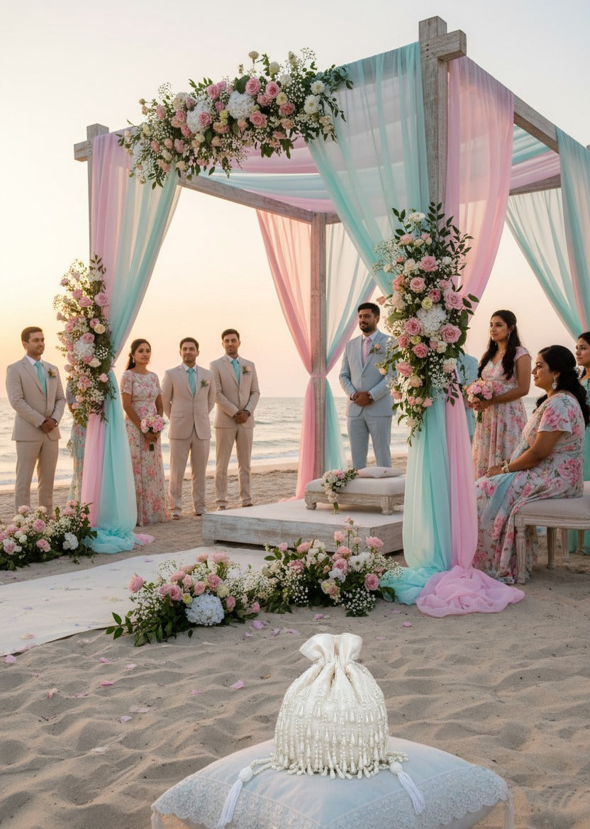 Beach wedding setup with floral arch and decorations on a sandy beach.