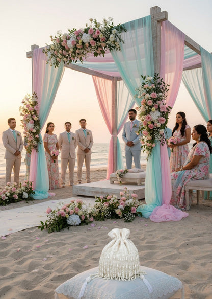 Beach wedding setup with floral arch and decorations on a sandy beach.