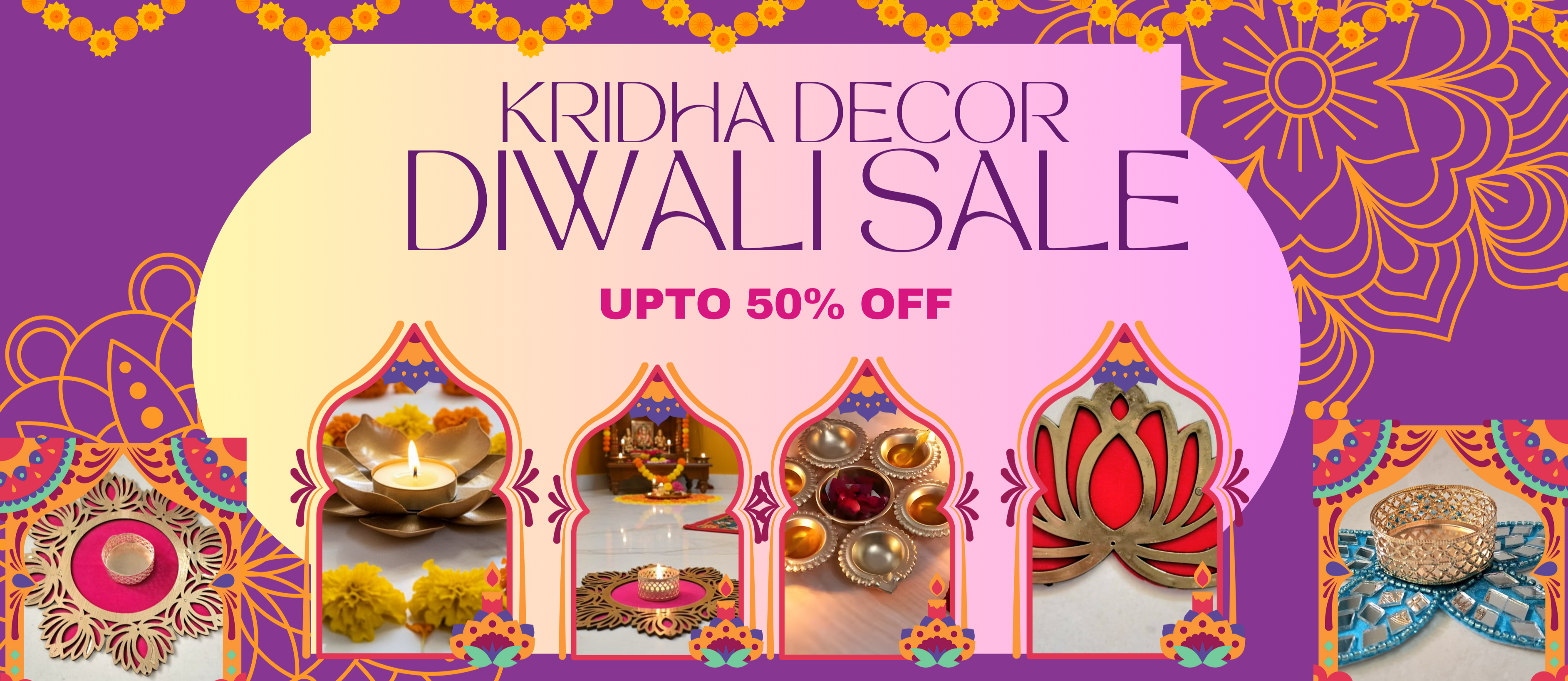 Kridha Decor Diwali Sale advertisement with decorative elements on a purple background