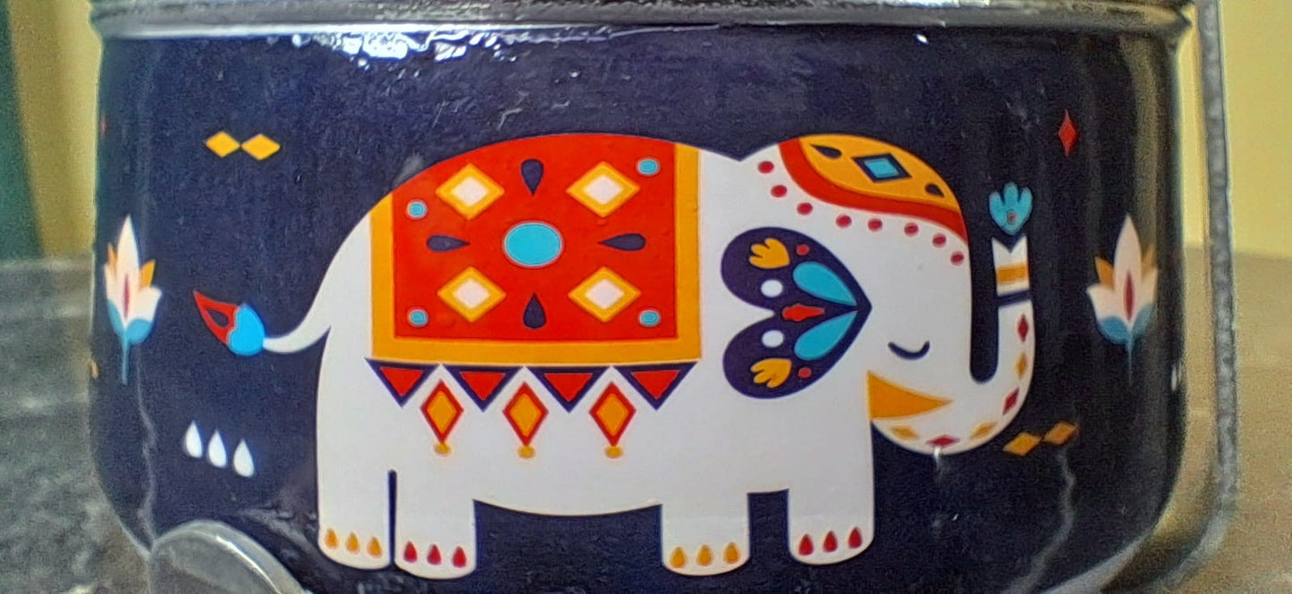 Decorative container with a colorful elephant design on a blue background