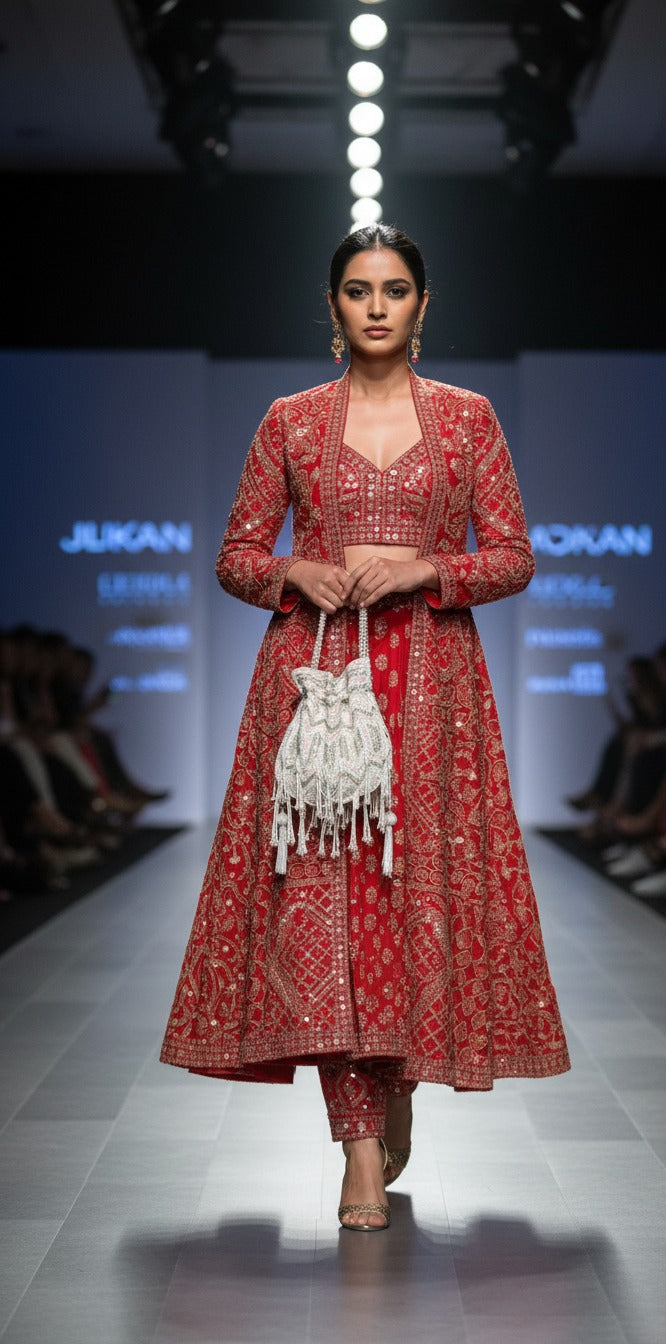Model wearing a red embroidered outfit on a fashion show runway with 'Jubilee' branding.