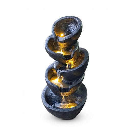 5 tier garden waterfall fountain with LED lights, matte black, on white background