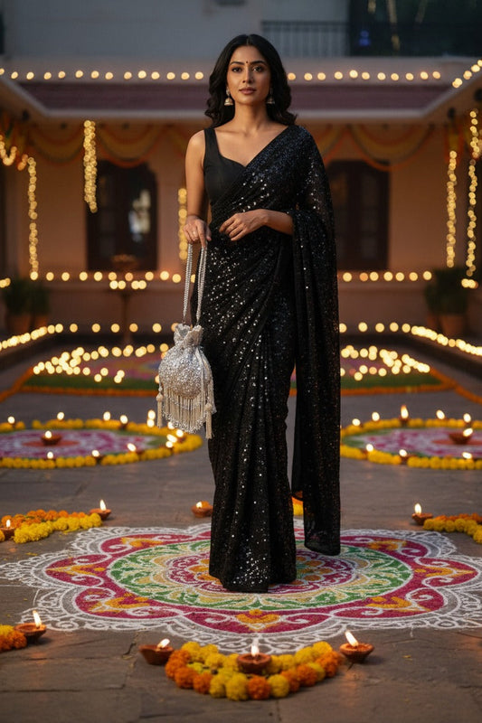 Woman in a black saree standing in front of a decorated building with lights and rangoli patterns.