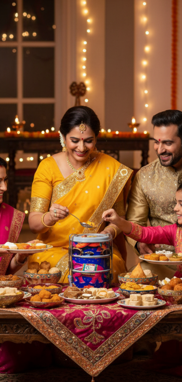Family celebrating Diwali with traditional decorations and food.