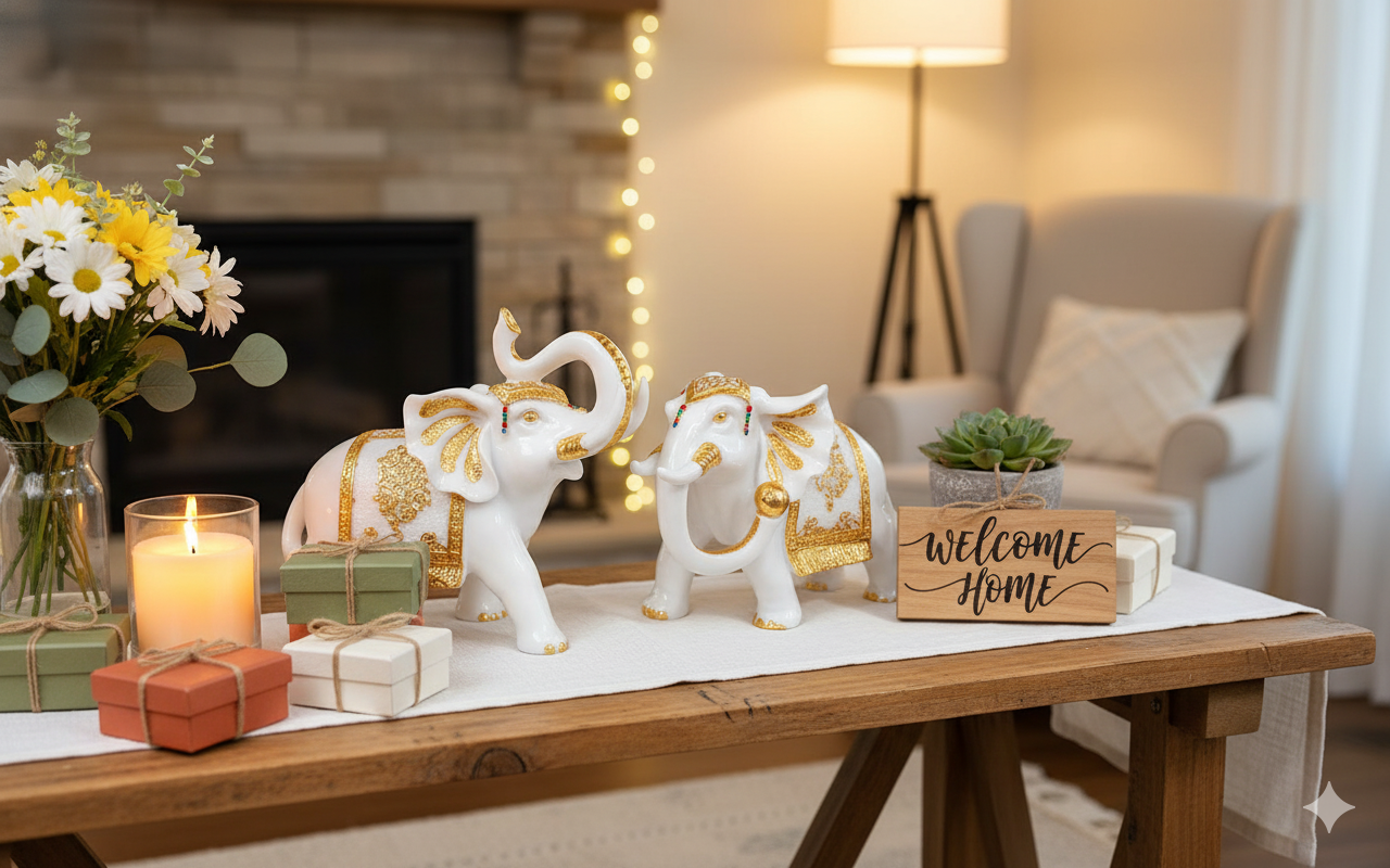 Elephant Figurines White Gold Elephant Statue Pair, Lucky Trunk Home Decor, Indian Gift