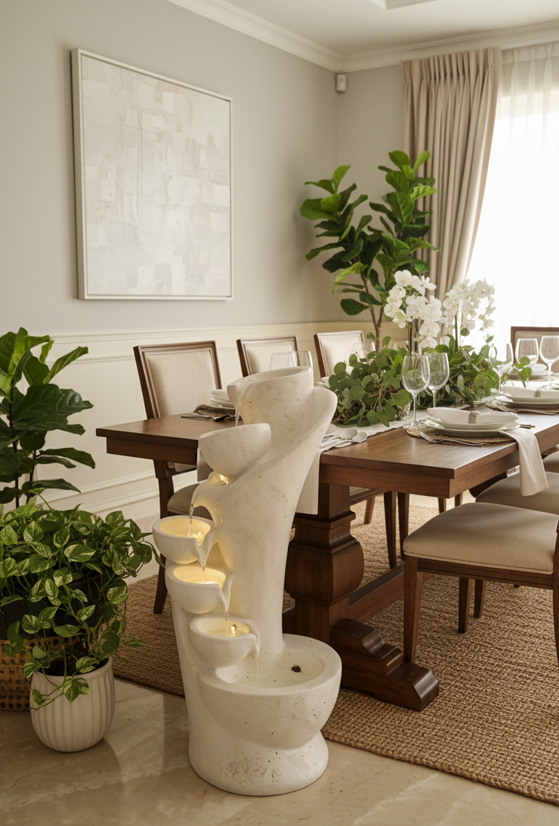 Dining room with a table set for a meal, plants, and a decorative fountain.