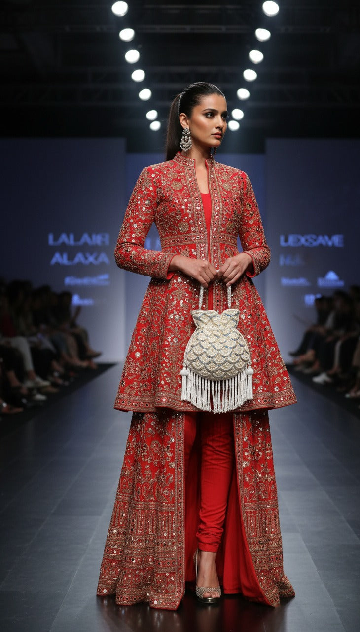Model in a red embroidered outfit with a handbag on a fashion show runway.