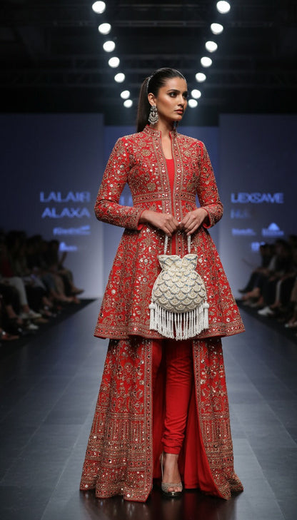 Model in a red embroidered outfit with a handbag on a fashion show runway.