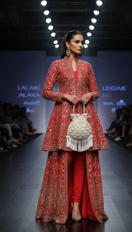 Model in a red embroidered outfit with a handbag on a fashion show runway.
