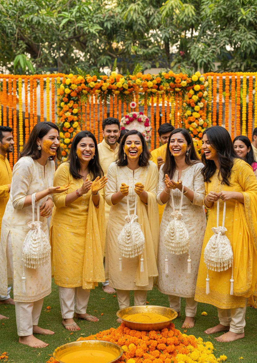 Group of people in traditional attire celebrating with flowers and decorations outdoors.