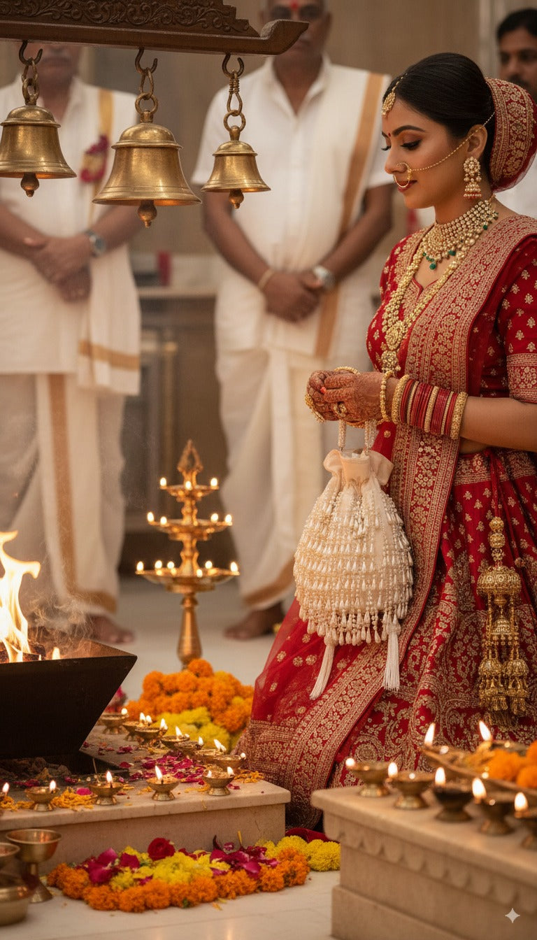 Woman in traditional red and gold saree performing a ritual with offerings and bells.