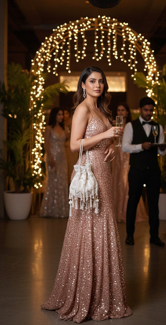 Woman in a sparkling evening gown standing in front of a decorated arch with lights.