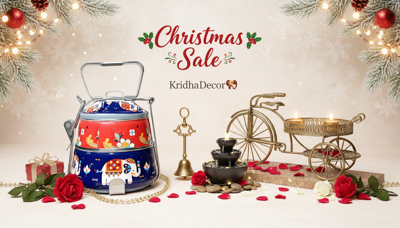 Decorative items with a Christmas theme on a light background, featuring 'KridhaDecor' branding.