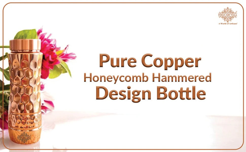 Pure Copper Water Bottle 750ML | Honeycomb Shine Design | BPA-Free Eco Friendly