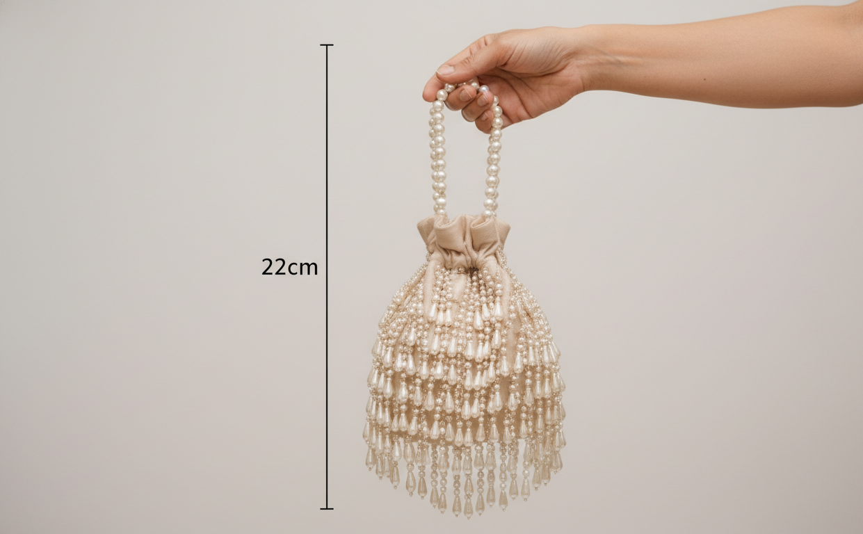Hand holding a beaded bag with dimensions displayed on a plain background