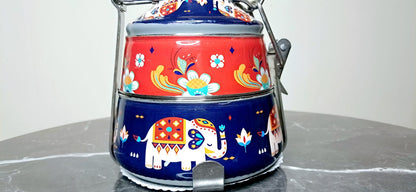 Hand-Painted Indian Tiffin Lunchbox: 2-Tier Stainless Steel Bento Box