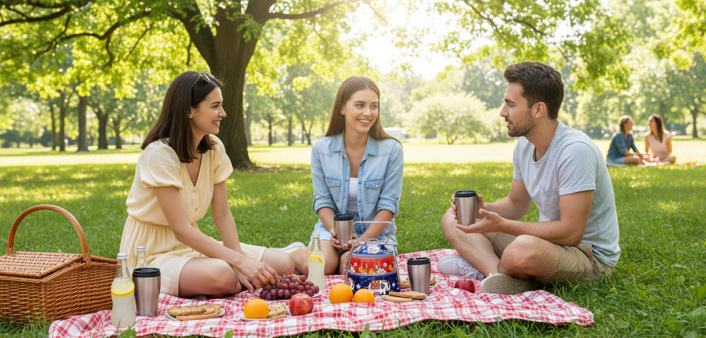 Three friends enjoying a picnic with bento box in a park on a sunny day.