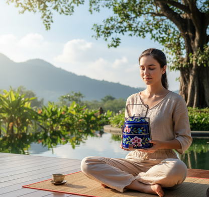 Woman meditating outdoors with a scenic background of trees and mountains.