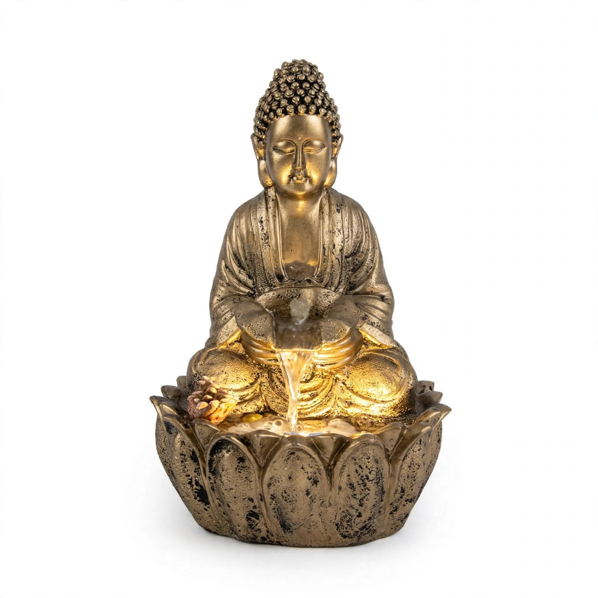 Buddha tabletop water fountain, 2 ft, Antique Golden, on white background