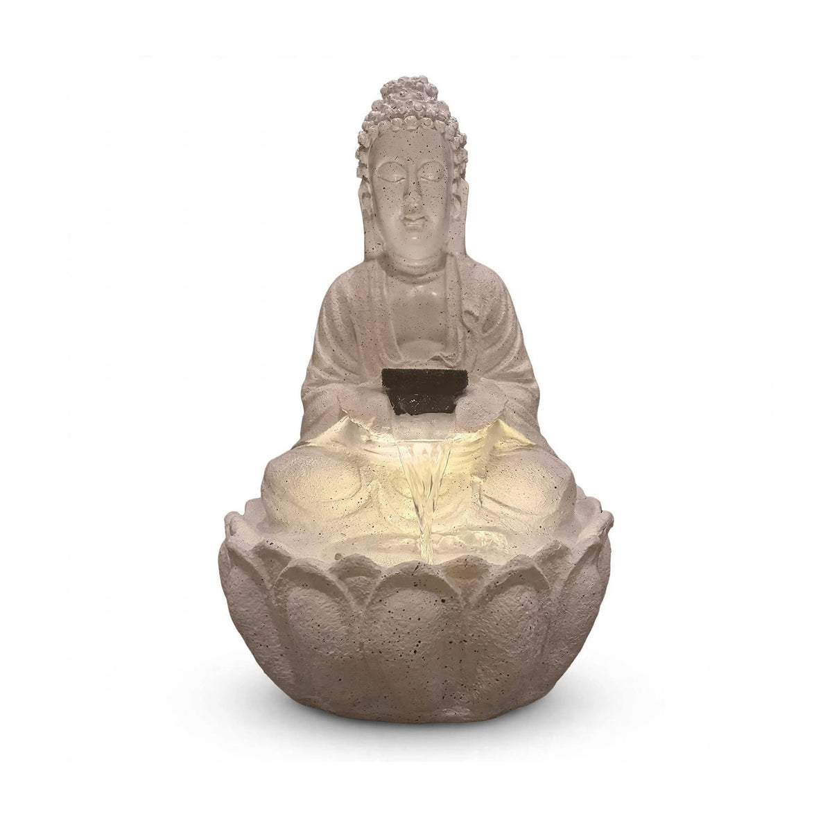 Buddha tabletop water fountain, 2 ft, white stone finish with LED light, on white background
