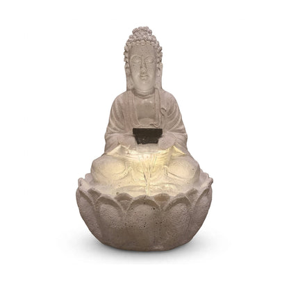 Buddha tabletop water fountain, 2 ft, white stone finish with LED light, on white background