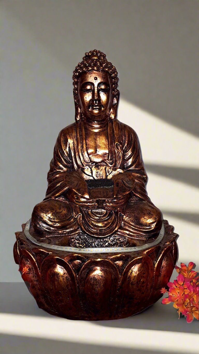 Buddha tabletop waterfall fountain in antique copper, 2 ft
