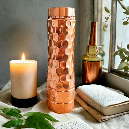 Pure Copper Water Bottle 750ML | Honeycomb Shine Design | BPA-Free Eco Friendly