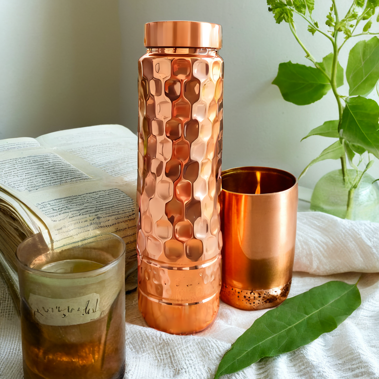 Pure Copper Water Bottle 750ML | Honeycomb Shine Design | BPA-Free Eco Friendly