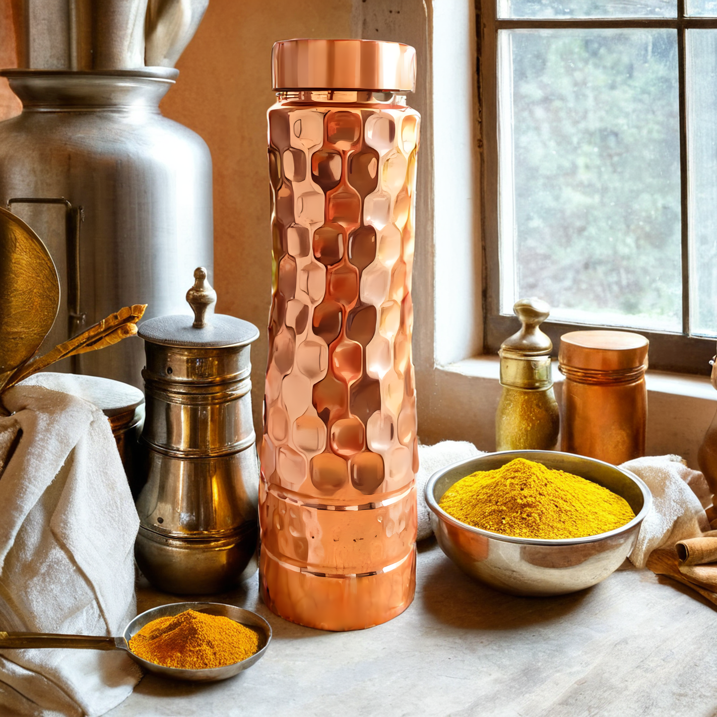 Pure Copper Water Bottle 750ML | Honeycomb Shine Design | BPA-Free Eco Friendly