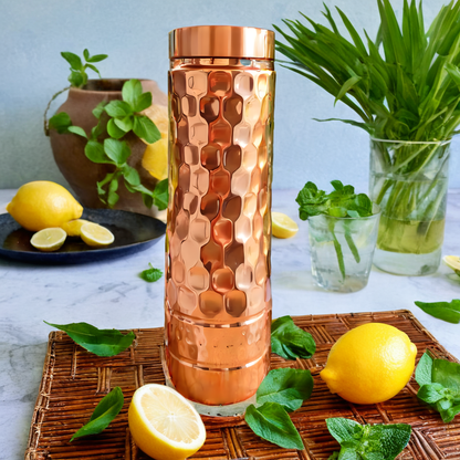Pure Copper Water Bottle 750ML | Honeycomb Shine Design | BPA-Free Eco Friendly