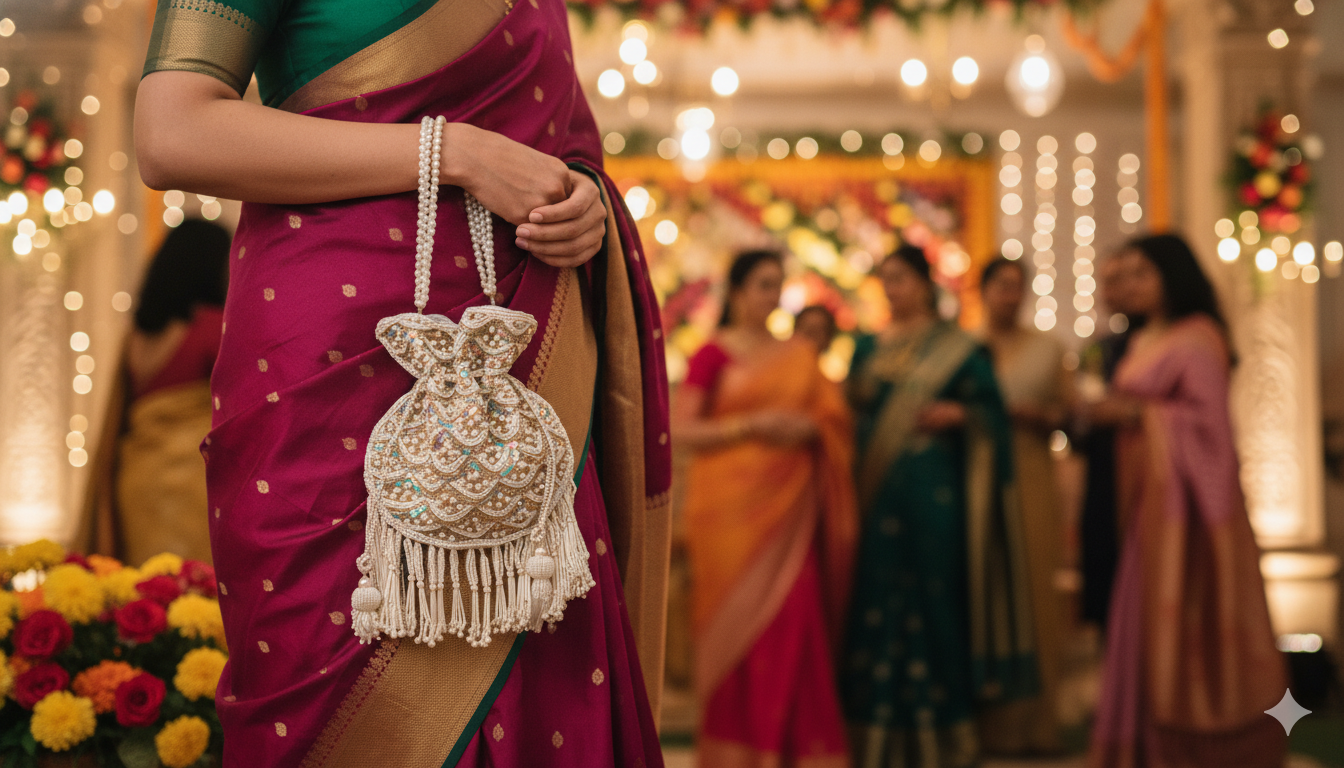 Woman in a pink saree holding a decorative bag with a festive background